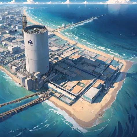 Depicting the appearance of the Fukushima nuclear power plant, Show the drain，Dumping contaminated water into the ocean. Emphasize the contrast between nuclear power plants and the vast sea