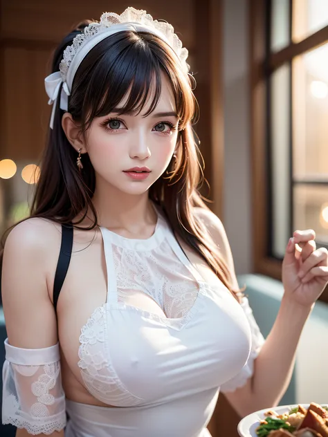 (2 beautiful young girls), Super beautiful detailed face, (Slightly open mouth, sexy look:1.1), (Beautiful big breasts:1.3), (Slender body:1.2), ((naked sheer lace apron:1.4), side breasts, pubick hair, cameltoe details, (Fine face:1.2), accessories, earri...