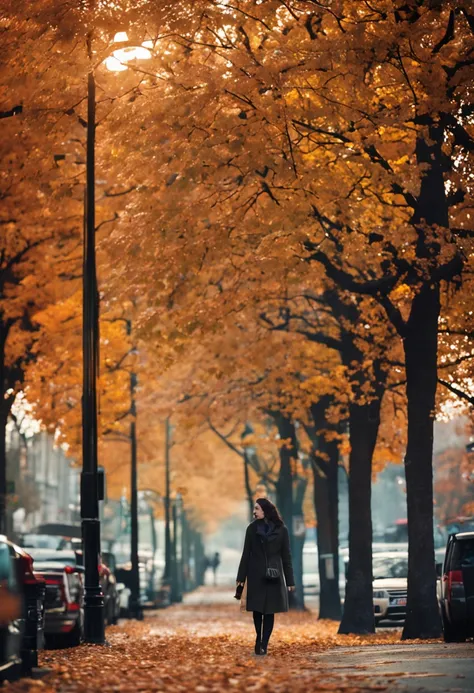 award - winning photo, (Photorealsitic:1.3)　High resolution of the highest quality　　Top image quality　hight resolution　　autumnal　Autumn sky　Autumn morning　tree-lined street　Commuting to work　coffee　stroll　Adult Girls