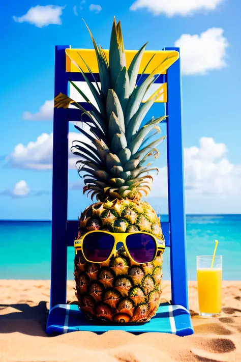 A pineapple with sunglasses drinking juice on a beach chair by the sea