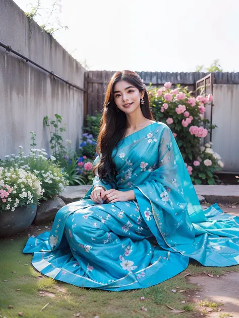 In this photograph, the beautiful lady exudes a captivating saree as she poses amidst a sea of flowers. Her flowing dress matches the hues of the blooms, creating a harmonious blend with the natural world. Soft sunlight filters through the foliage, illumin...