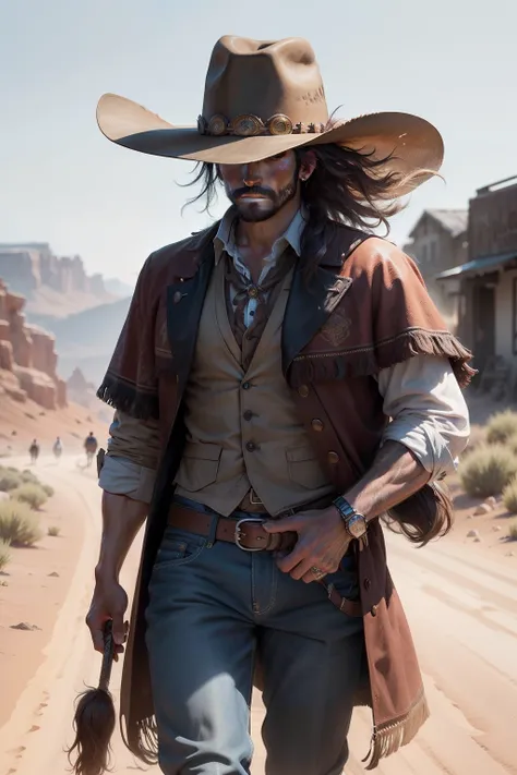 (top Quority，8K high-definition，detail-rich)，Western cowboy，He carried a revolver around his waist，There is a little messy hair under the cowboy hat，Leading a wild horse，Walk in tribal towns