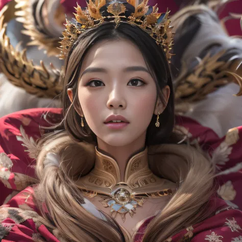 16k（tmasterpiece，k hd，hyper HD，16k）Burgundy red flowing short hair，Snow Circle Forbidden Land ，Bronze Dragon Protector （realisticlying：1.4），Python pattern robe，Purple-pink tiara，Snowflakes fluttering，The background is pure，Hold your head high，Be proud，The ...