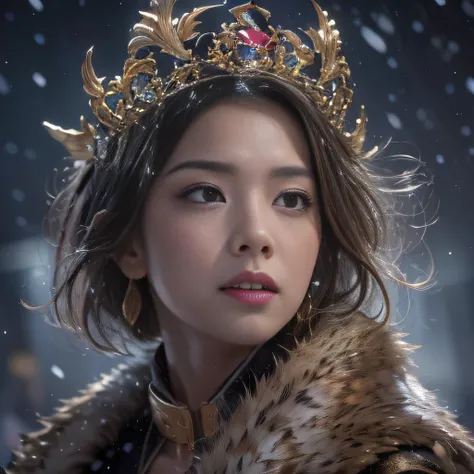 16k（tmasterpiece，k hd，hyper HD，16k）Burgundy red flowing short hair，Snow Circle Forbidden Land ，Bronze Dragon Protector （realisticlying：1.4），Python pattern robe，Purple-pink tiara，Snowflakes fluttering，The background is pure，Hold your head high，Be proud，The ...