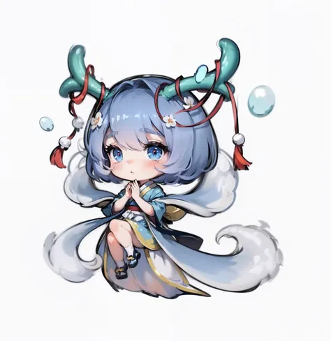 ((Dragon horn headdress+Delicate streamers) Three-dimensional Hanfu Q version illustration 16K quality) Cute styling, Surrounded by blisters, Accurate posture, masterpiece level work, blue short hair, Character setting，Three View。