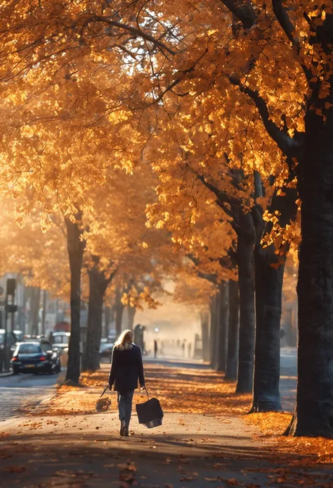 award - winning photo(Photorealsitic:1.3)　High resolution of the highest quality　Top image quality　hight resolution　autumnal　Autumn morning　blue-sky　tree-lined street　Commuting to work　coffee　stroll　Adult Girls