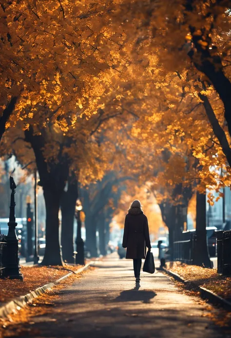 award - winning photo(Photorealsitic:1.3)　High resolution of the highest quality　Top image quality　hight resolution　autumnal　Autumn morning　blue-sky　tree-lined street　Commuting to work　coffee　stroll　Adult Girls