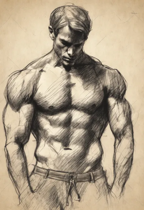 Rough charcoal sketch on old paper, muscular Male figure,dynamic pose,clean line art,+expressive line,in the style of expressive sketch drawing, hatching, black and white sketch, hand drawing, Rough charcoal sketch on old paper, muscular Male figure,dynami...