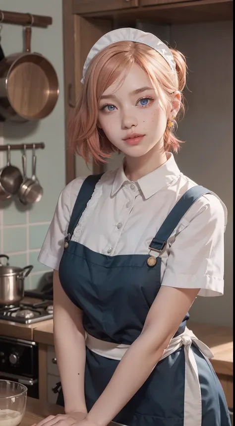 Closeup portrait of playful maid, cropped hair, apron, amazing body, pronounced femininity, plump, kitchen, [ash blonde|ginger|pink hair], freckles, flirting with camera