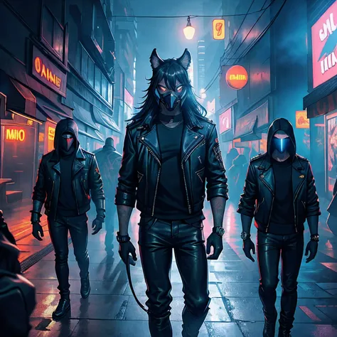 Pintura de lavagem de tinta, 4 guys with werewolf mask and wearing leather jackets and black pants, uma cidade cyberpunk ao fundo, cyberpunk, cinemactic, altamente detalhado, render octano, volumeric lighting, luz suave, tiro de corpo inteiro, anime, extre...