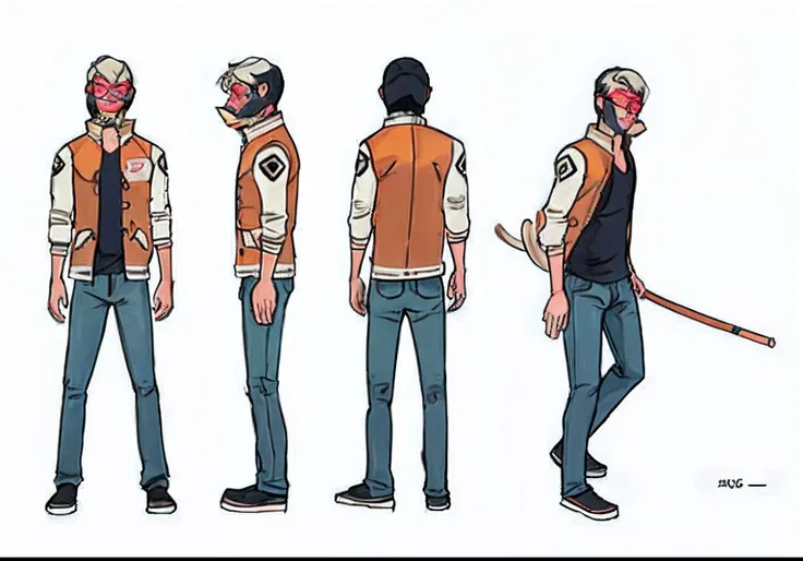 Model sheet of man with cat mascará