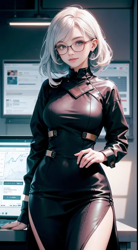 A beautiful young woman exudes confidence and wisdom in a stylish modern office space，Next to it are complex financial charts on the wall, You can feel her analytical thinking at work, Directly in the camera gaze, A slight smil, full bodyesbian, Top model ...