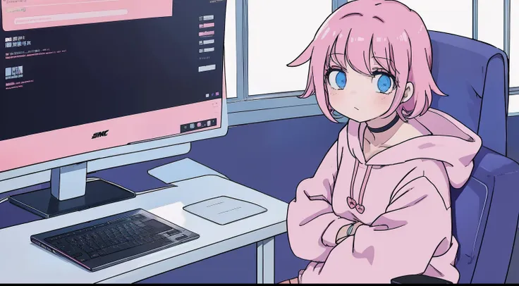 anime girl, short pink hair, bangs, pink hoodie, blue skirt, black legwear, choker, white shoes, indoors, using a laptop, lookin...