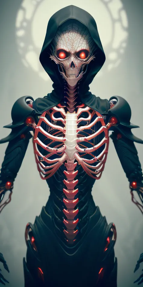 (blood vessels connected to tubes),(biomechanical vertebra attaching to chest),((biomechanical cervial attaching to neck)) ((masterpiece),(best quality),(ultra-detailed), solo, hood , black gloves, long sleeves, fantasy, sci-fi, horror, alien realistic, hn...