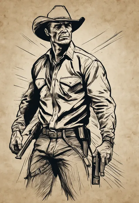 A cowboy  (Clint East Wood) with gun in hand, ((angry 1.4)), raiding a running horse, Screaming, action, dark side, Mystery , Dark Background, Rough charcoal sketch on old paper, muscular Male figure,dynamic pose,clean line art,+expressive line,in the styl...