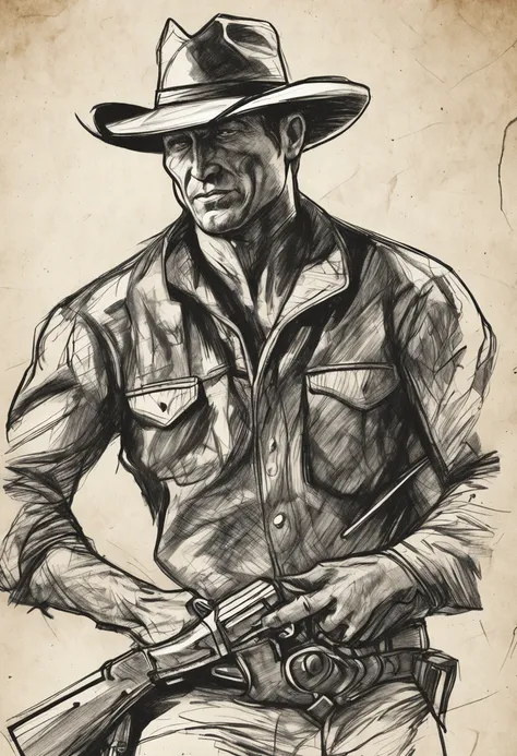 A cowboy  (Clint East Wood) with gun in hand, ((angry 1.4)), raiding a running horse, Screaming, action, dark side, Mystery , Dark Background, Rough charcoal sketch on old paper, muscular Male figure,dynamic pose,clean line art,+expressive line,in the styl...