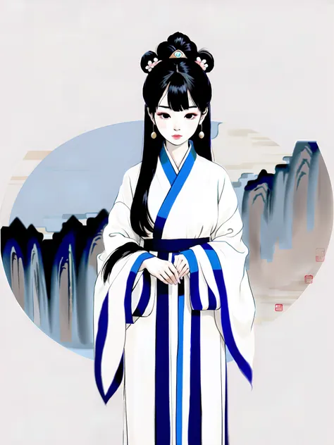 draw a woman in a white dress standing in a circle, palace ， a girl in hanfu, chinese painting style, author：zhou fang, beautifu...