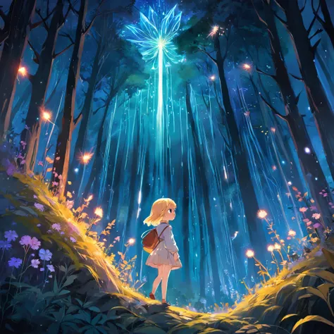 In the middle of a magical forest，A tall and beautiful dream flower grows, Sparks glow around it, mysterious glow,  Childrens book illustration style, Simple, Cute, full-color, Works of art by Kahn Griffith and Vadim Kashin - no outline