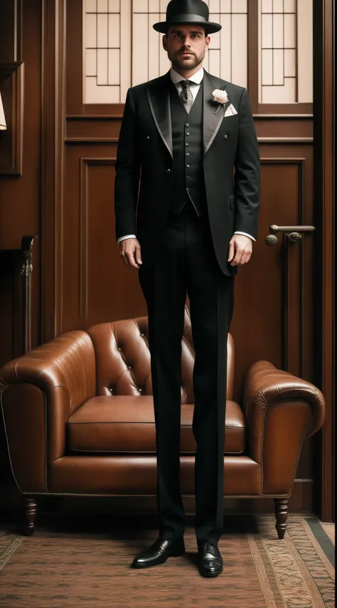 Create a full body, highly detailed portrait of a 30 year old american man, he is serious, with a handlebar mustache, and a stylish fedora. He stands proudly inside a lobby hotel 1885s, surrounded by distinctive Prohibition-era elements. Allow the dimly li...