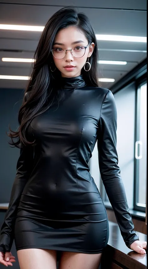 A beautiful young woman exudes confidence and wisdom in a stylish modern office space，Next to it are complex financial charts on the wall, You can feel her analytical thinking at work, Directly in the camera gaze, A slight smil, full bodyesbian, Top model ...