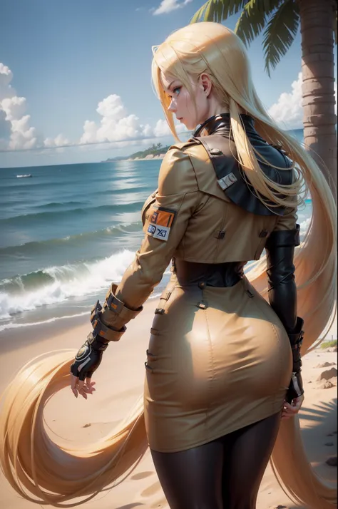 a hyperrealistic digital art style image in 16:9 format, Millia Rage, back view,long blonde hair, green eyes, fair skin, standing in the bottom left corner, watching the sun, white sand beach, clear blue sky with some white clouds, tall palm trees, transpa...