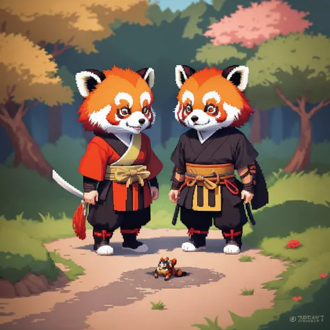 A pixel art of samurai red panda in a cartoon style