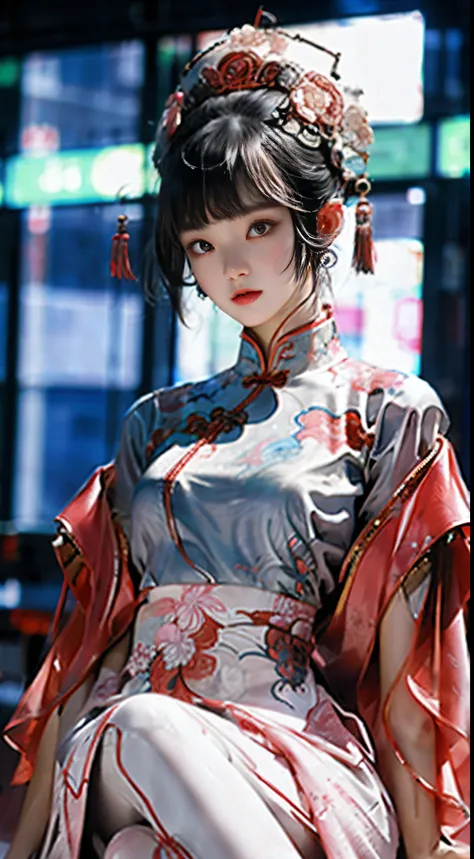 1 girl, chinese_clothes, sitting, in white and pink,cyberhanfu, Cheongsam, cyberpunk city, dynamic pose, Headdress, hair ornament, long hair, cyberpunk, a high-tech city, full of machinery and futuristic element, futurism, technology