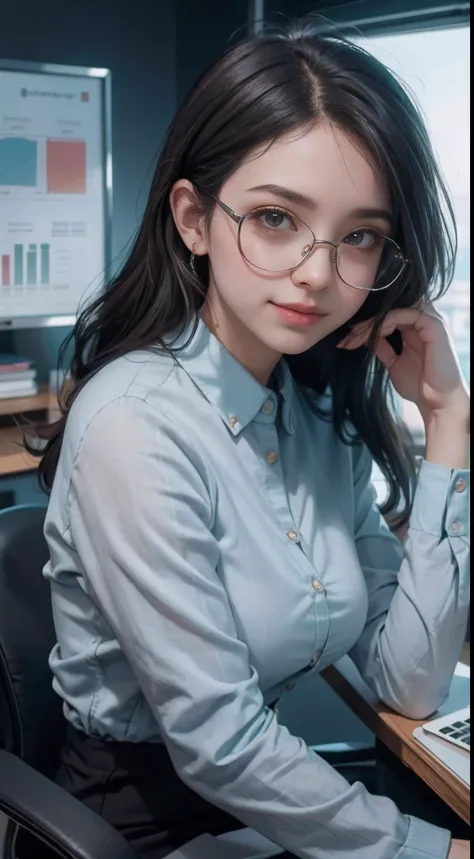 A beautiful young woman exudes confidence and wisdom in a stylish modern office space，Next to it are complex financial charts on the wall, You can feel her analytical thinking at work, Directly in the camera gaze, A slight smil, full bodyesbian, Top model ...