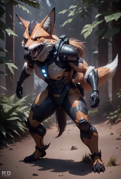 Sci fi humanoid creature with the feathers of a fox and mutant traits similar to rocket wearing sci fi armor teeth serious angry face, expressive real photography, natural light, photorealism, cinematic rendering, ray tracing, the highest quality, the high...