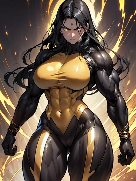 ((1 girl)), solo, black hair, extremely long hair, yellow eyes, (angry), pale skin, (((((((muscular))))))), ((thick thighs)), ((huge breasts)), (((black and golden body suit))), (((wide hips))), (shiny skin), close up, dark atmosphere, shadow