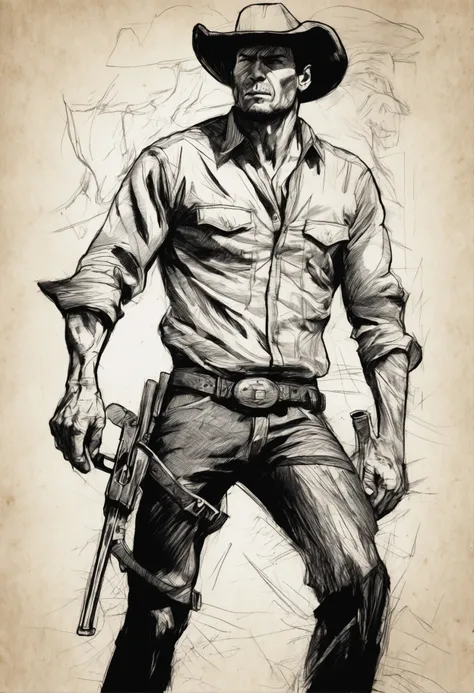 A cowboy  (Clint East Wood) with gun in hand, ((angry 1.4)), raiding a running horse, Screaming, action, dark side, Mystery , Dark Background, Rough charcoal sketch on old paper, muscular Male figure,dynamic pose,clean line art,+expressive line,in the styl...