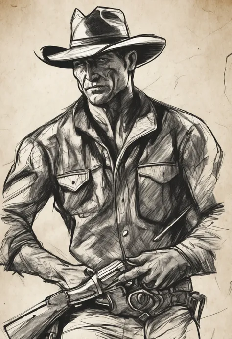 A cowboy  (Clint East Wood) with gun in hand, ((angry 1.4)), raiding a running horse, Screaming, action, dark side, Mystery , Dark Background, Rough charcoal sketch on old paper, muscular Male figure,dynamic pose,clean line art,+expressive line,in the styl...