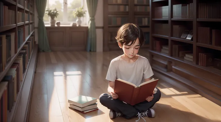 Boy sitting on the floor reading a book, reading in library, In a library，Between bookshelves，ssmile