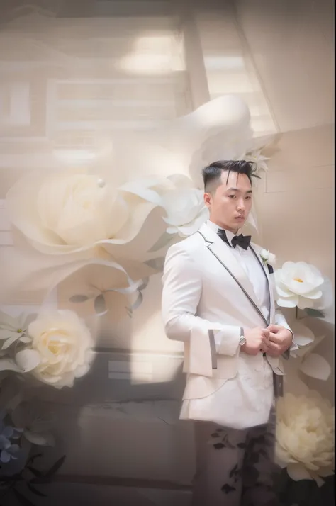 There was a man in a suit standing in front of the wall，There are flowers on it, bridegroom, in front of white back drop, Background with, phong yintion j - jiang geping, Handsome man, Fondo pintado floral, steve zheng, portrait photo of a backdrop, hoang ...