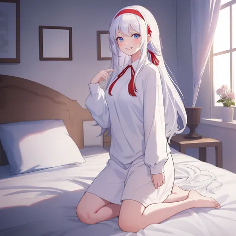 1 woman, fullbody, big t-shirts, white hair, blue eye, long hair, Throat ribbon, Throat red ribbon, white shirt, happy, smile, 14 year old, onepiece, dynamic angle, blue hairband, bed room