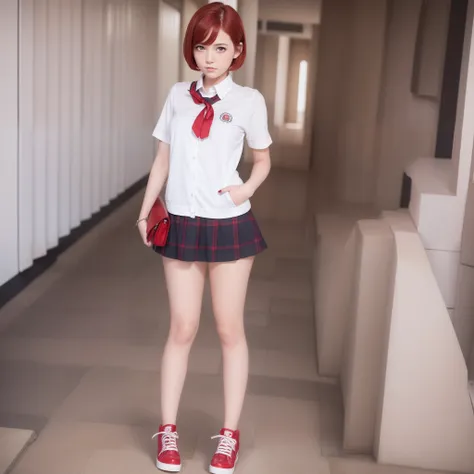 School girl , (detailed eyes) ,ruby eyes, short red hair, (tall girl), shiny hair, (detailed face), (perfect body), ((1 girl)), ((highest quality))