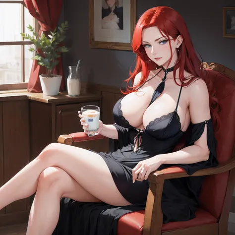 a mature woman with long red hair and blue eyes and big breasts wearing a black dress with neckline drinking milk with milk on breasts