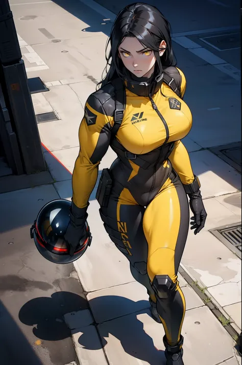 1 girl, black hair, yellow eyes, very long hair, pale skin, ((((extremely muscular)))), large breasts, curvy, concrete, shadow, dark atmosphere, (pilot suit)