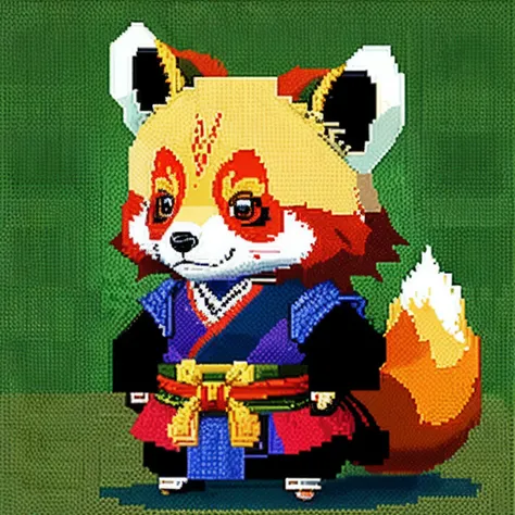 A pixel art with 64x64 pixels of a samurai red panda with cartoon style