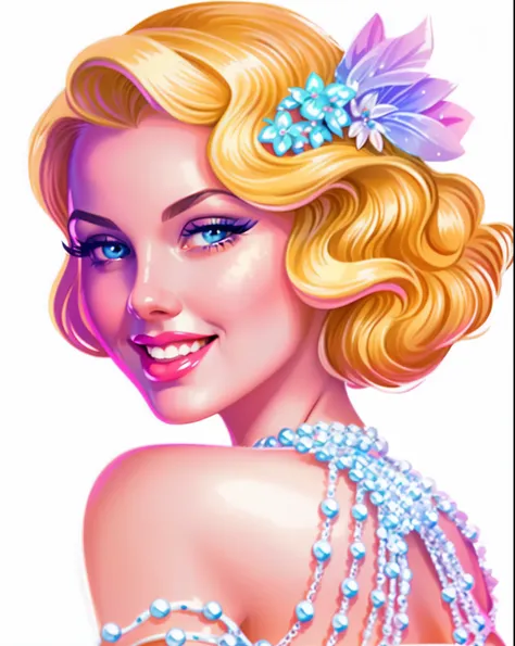 A blonde haired blue-eyed woman in a dress, beautiful retro art, in style of digital illustration, pinup art, Numbers washes, glossy digital painting, digital art of an elegant, Vivid vintage colors, girl pinup, vintage illustration, Stylized digital illus...