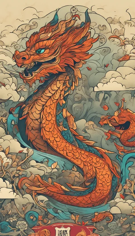 Best quality, chinesedragon，glimmering, , 2D, flat, Adorable, Vintage, Art on cracked paper, fairytale-like, Detailed illustration of the storybook, Cinematic, hyper HD, detaile, Beautiful details, mistic, Luminism, Vibrant colors,