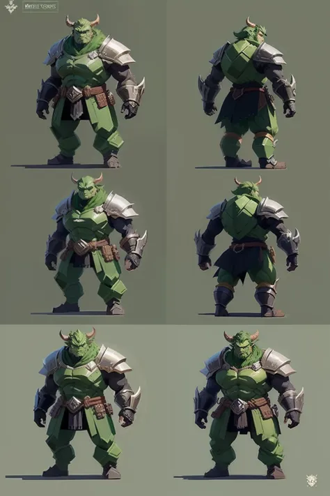 game character sheet, forest ogre, metal shoulder pad, menacing eyes, front view, left side view, right side view, back view, 2D game image, detailed pixel art