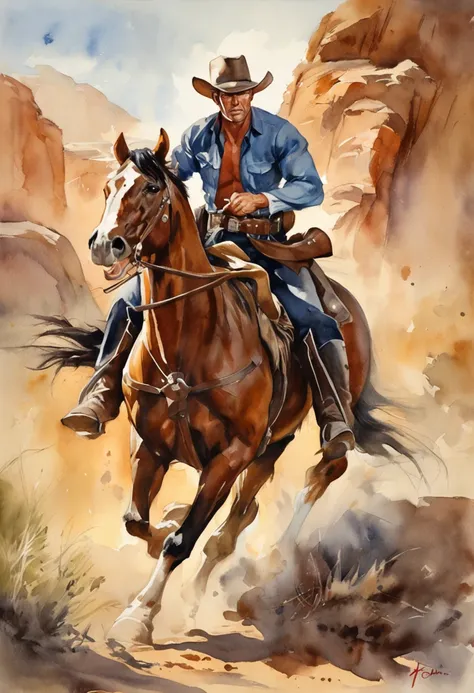 A cowboy (Clint East Wood) with gun in hand, ((angry 1.4)), raiding a running horse, Screaming, action, dark side, Mystery , Dark Background, pastels, by harry bush, James Montgomery Flagg and Lois van Baarle and jim french and rossdraws, detailed realisti...