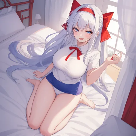 1 woman, fullbody, big t-shirts, white hair, blue eye, long hair, Throat ribbon, Throat red ribbon, happy, smile, 14 year old, dynamic angle, blue hairband, onepiece, bed room, hentai