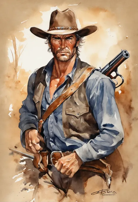 A cowboy (Clint East Wood) with gun in hand, ((angry 1.4)), raiding a running horse, Screaming, action, dark side, Mystery , Dark Background, pastels, by harry bush, James Montgomery Flagg and Lois van Baarle and jim french and rossdraws, detailed realisti...