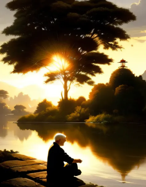 a photo of an old man in the 19th century in meditation in a beautiful and calm environment, river and many trees around, bela p...