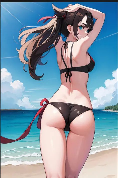 masterpiece, best quality, highres, hmmarnie, aqua eyes, navel, thong, string bikini, standing, beach, rear view, bending over