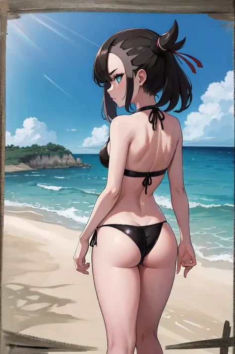 masterpiece, best quality, highres, hmmarnie, aqua eyes, navel, thong, string bikini, standing, beach, rear view