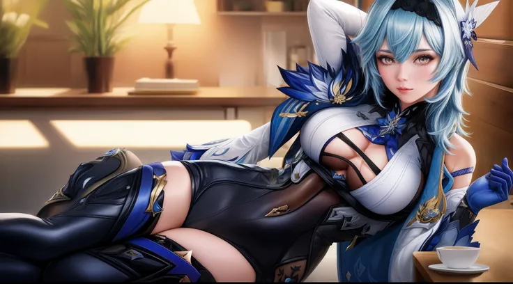 1 adult woman, (eula genshin impact), focused upper body, realistic, (blue hair), golden pupils, sitting pose