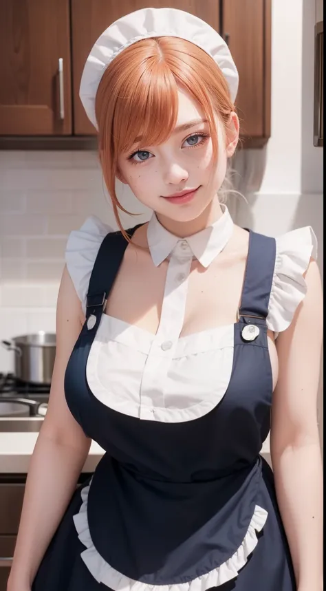 Closeup portrait of playful maid, cropped hair, apron, amazing body, pronounced femininity, plump, kitchen, [ash blonde|ginger|pink hair], freckles, flirting with camera